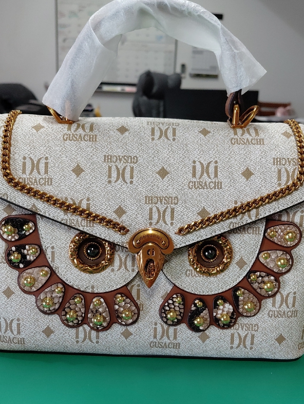 SACHI Cream & Brown Embellished Top-Handle Satchel